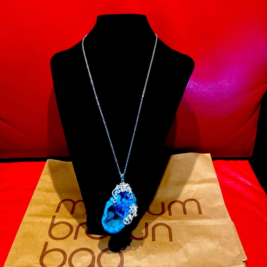 Stunning Blue Druzy Quartz Austrian Crystals Pendant With 24inch Lobster Chain 199$